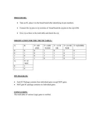 PROCEDURE:
 Take an IC, place it in the bread board after identifying its pin numbers.
 Connect the i/p pins to i/p switches of bread board & o/p pins to the o/p.LEDs
 Give i/p as there in the truth table and check the o/p.
OBSERVATION FOR THE TRUTH TABLE:-
A B Y= AB
AND
Y= (AB)'
NAND
Y = A+B
OR
Y= (A+B)'
NOR
Y=A(XORB)
0 0 0 1 0 1 0
0 1 0 1 1 0 1
1 0 0 1 1 0 1
1 1 1 0 1 0 0
A Y= A'
NOT
0 1
1 0
PIN DIAGRAM:
 Each IC Package contains four individual gates except NOT gates.
 NOT gate IC package contains six individual gates.
CONCLUSION:
The truth table of various Logic gates is verified.
 