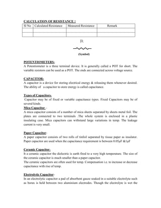 CALCULATION OF RESISTANCE :
Sl No Calculated Resistance Measured Resistance Remark
R
(Symbol)
POTENTIOMETERS-
A Potentiometer is a three terminal device. It is generally called a POT for short. The
variable resistors can be used as a POT. The ends are connected across voltage source.
CAPACITOR-
A capacitor is a device for storing electrical energy & releasing them whenever desired.
The ability of a capacitor to store energy is called capacitance.
Types of Capacitors-
Capacitor may be of fixed or variable capacitance types. Fixed Capacitors may be of
several kinds.
Mica Capacitor –
A mica capacitor consists of a number of mica sheets separated by sheets metal foil. The
plates are connected to two terminals .The whole system is enclosed in a plastic
insulating case. Mica capacitors can withstand large variations in temp. The leakage
current is very small.
Paper Capacitor-
A paper capacitor consists of two rolls of tinfoil separated by tissue paper as insulator.
Paper capacitor are used when the capacitance requirement is between 0.05μF &1μF
Ceramic Capacitor-
It a ceramic capacitor the dielectric is earth fired to a very high temperature. The size of
the ceramic capacitor is much smaller than a paper capacitor.
The ceramic capacitors are often used for temp. Compensation i.e. to increase or decrease
capacitance with rise of temp.
Electrolytic Capacitor-
In an electrolytic capacitor a pad of absorbent gauze soaked in a suitable electrolyte such
as borax is held between two aluminium electrodes. Though the electrolyte is wet the
 