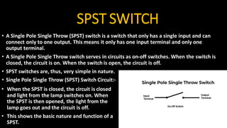 SPST SWITCH
• A Single Pole Single Throw (SPST) switch is a switch that only has a single input and can
connect only to one output. This means it only has one input terminal and only one
output terminal.
• A Single Pole Single Throw switch serves in circuits as on-off switches. When the switch is
closed, the circuit is on. When the switch is open, the circuit is off.
• SPST switches are, thus, very simple in nature.
• Single Pole Single Throw (SPST) Switch Circuit:-
• When the SPST is closed, the circuit is closed
and light from the lamp switches on. When
the SPST is then opened, the light from the
lamp goes out and the circuit is off.
• This shows the basic nature and function of a
SPST.
 