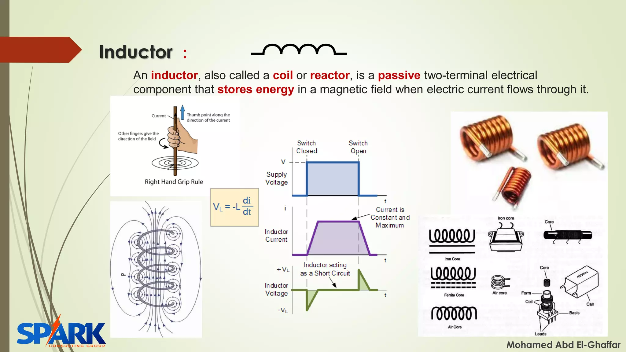 Inductor :
Mohamed Abd El-Ghaffar
An inductor, also called a coil or reactor, is a passive two-terminal electrical
component that stores energy in a magnetic field when electric current flows through it.