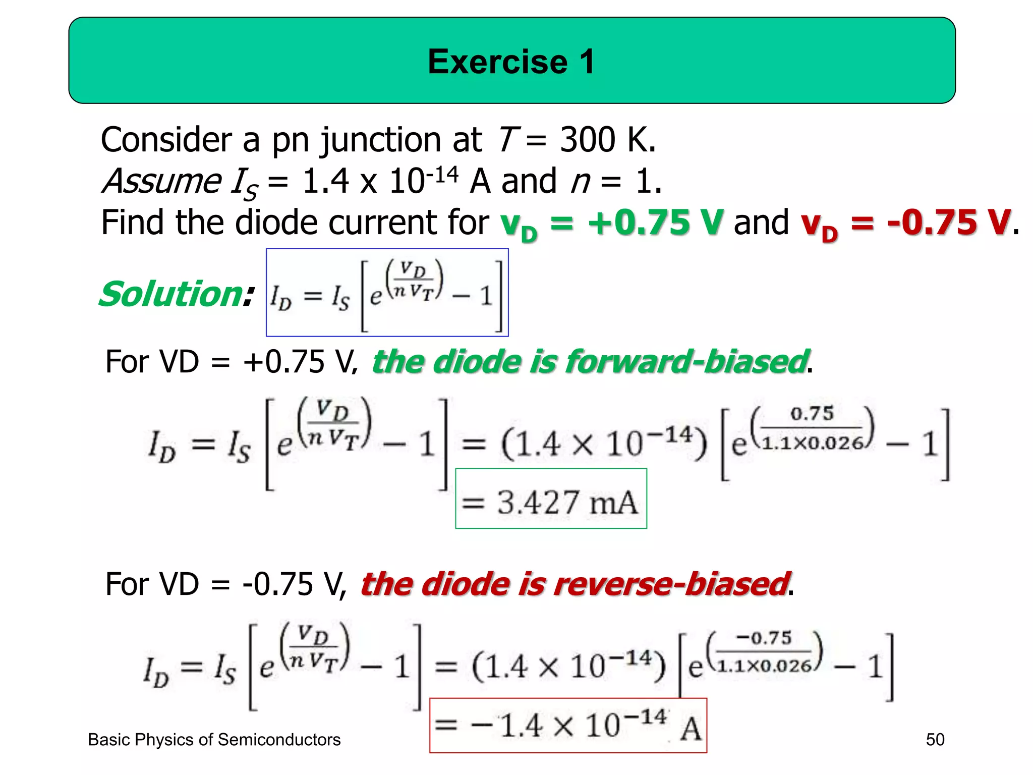 50
Exercise 1
Basic Physics of Semiconductors
Consider a pn junction at T = 300 K.
Assume IS = 1.4 x 10-14 A and n = 1.
Find the diode current for vD = +0.75 V and vD = -0.75 V.
For VD = +0.75 V, the diode is forward-biased.
Solution:
For VD = -0.75 V, the diode is reverse-biased.
 