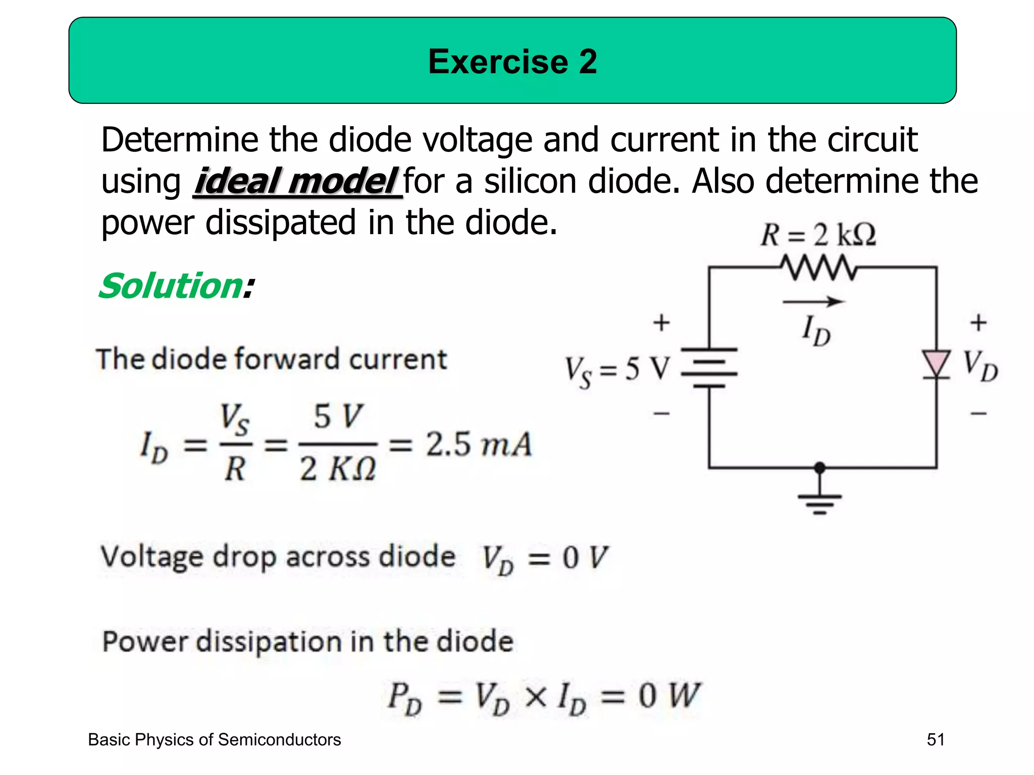 51
Exercise 2
Basic Physics of Semiconductors
Determine the diode voltage and current in the circuit
using ideal model for a silicon diode. Also determine the
power dissipated in the diode.
Solution:
 