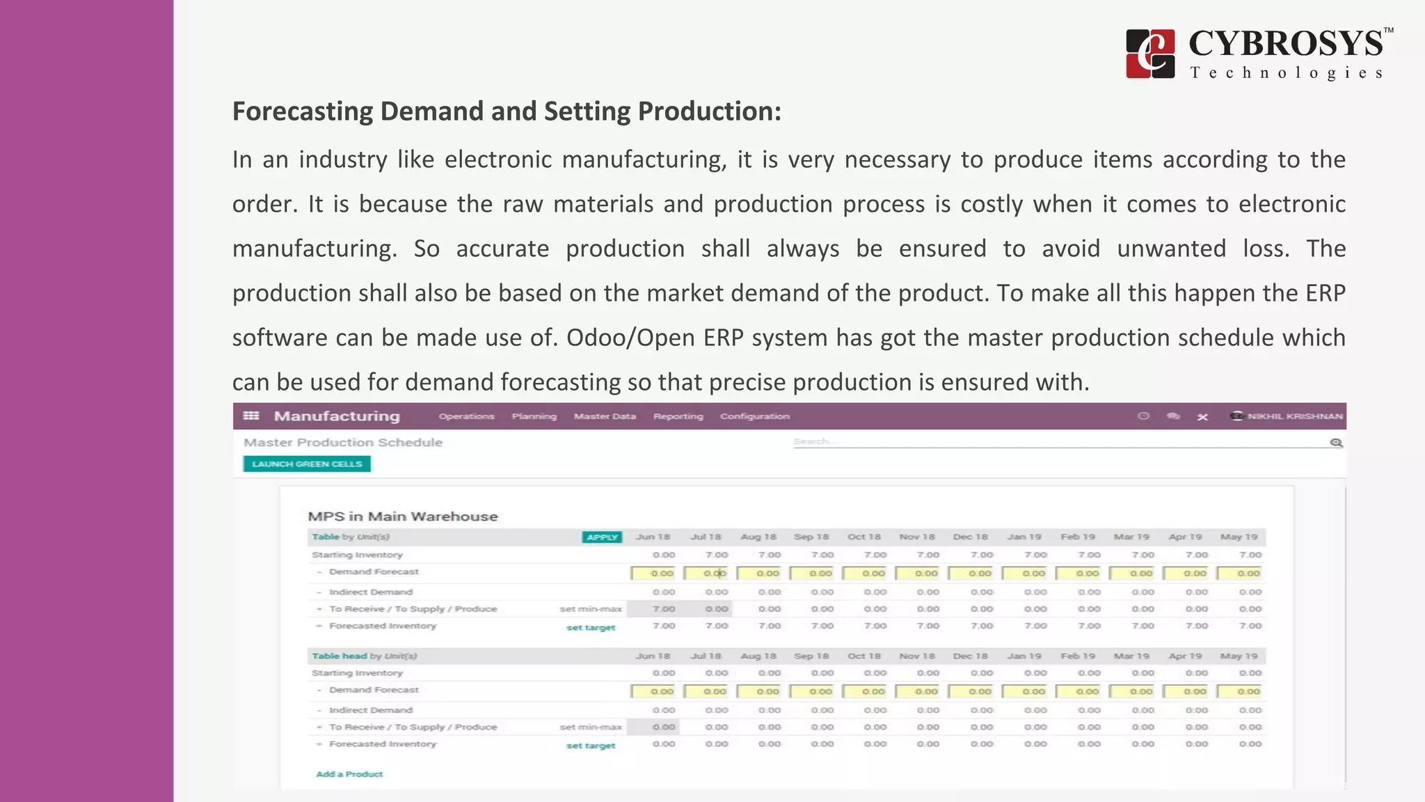 Forecasting Demand and Setting Production:
In an industry like electronic manufacturing, it is very necessary to produce items according to the
order. It is because the raw materials and production process is costly when it comes to electronic
manufacturing. So accurate production shall always be ensured to avoid unwanted loss. The
production shall also be based on the market demand of the product. To make all this happen the ERP
software can be made use of. Odoo/Open ERP system has got the master production schedule which
can be used for demand forecasting so that precise production is ensured with.
 