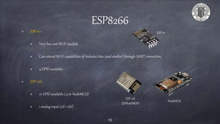 ESP8266
ESP-01 :
Very-low cost Wi-Fi module
Can extend Wi-Fi capabilities of Arduino Uno (and similar) through UART connection.
4 GPIO available.
ESP-12E:
17 GPIO available (13 in NodeMCU)
1 analog input (0V~1.6V)
10
ESP-01
NodeMCU
ESP-12E
ESP8266MOD
 