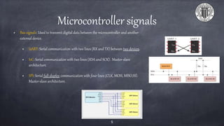 Microcontroller signals
Bus signals: Used to transmit digital data between the microcontroller and another
external device.
UART: Serial communication with two lines (RX and TX) between two devices.
I2C: Serial communication with two lines (SDA and SCK). Master-slave
architecture.
SPI: Serial full-duplex communication with four lines (CLK, MOSI, MISO,SS).
Master-slave architecture.
5
 