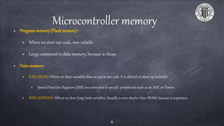 Microcontroller memory
Programmemory(Flashmemory):
Where we store our code, non-volatile.
Large, compared to data memory, because is cheap.
Datamemory:
RAM (SRAM): Where we store variables that we use in our code. It is deleted on start-up (volatile).
Special Function Registers (SFR) are connected to specific peripherals such as de ADC or Timers.
ROM (EEPROM): Where we store long-term variables. Usually is even shorter than SRAM, because is expensive.
6
 