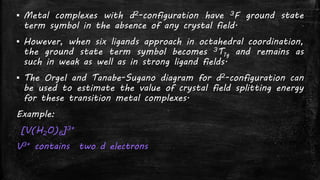 ▪ Metal complexes with d2-configuration have 3F ground state
term symbol in the absence of any crystal field.
▪ However, when six ligands approach in octahedral coordination,
the ground state term symbol becomes 3T1g and remains as
such in weak as well as in strong ligand fields.
▪ The Orgel and Tanabe-Sugano diagram for d2-configuration can
be used to estimate the value of crystal field splitting energy
for these transition metal complexes.
Example:
[V(H2O)6]3+
V3+ contains two d electrons
 