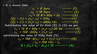 ▪ It is known that
ν1 = 8 Dq+x ------- (1)
ν2 = 18 Dq+x ------- (2)
ν3 = 15 B + 6Dq + 2x --------(3)
(2) – (1) = (ν2- ν1) = 10Dq --------(4)
(2) + (1) = (ν2+ ν1) = 26Dq +2x ---------(5)
Substituting the value of 2x from (5) in (3) we get,
ν3 = 15 B + 6Dq + (ν2+ ν1)-26 Dq --------(6)
ν3 = 15B -20Dq + (ν2+ ν1) --------(7)
substituting the value of 10Dq from (4)
ν3 = 15B -2(ν2- ν1) + (ν2+ ν1)---------(8)
ν3 = 15B +3ν1 - ν2
B = (ν3 + ν2 - 3ν1) / 15 ---------- (9)
 