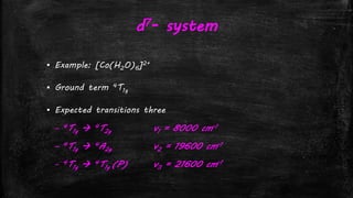 d7- system
▪ Example: [Co(H2O)6]2+
▪ Ground term 4T1g
▪ Expected transitions three
– 4T1g  4T2g v1 = 8000 cm-1
– 4T1g  4A2g v2 = 19600 cm-1
– 4T1g  4T1g (P) v3 = 21600 cm-1
 
