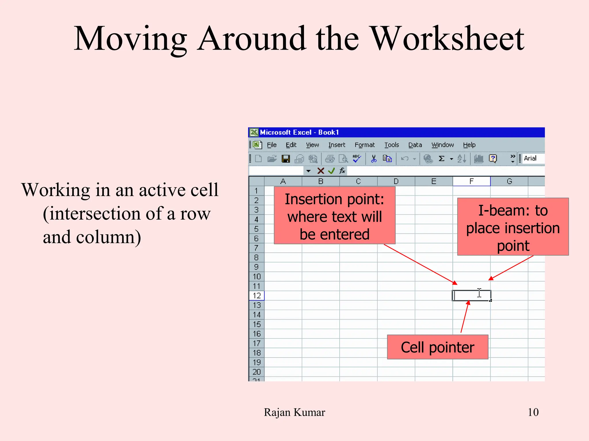 10
Moving Around the Worksheet
Working in an active cell
(intersection of a row
and column)
Cell pointer
I-beam: to
place insertion
point
Insertion point:
where text will
be entered
Rajan Kumar
 