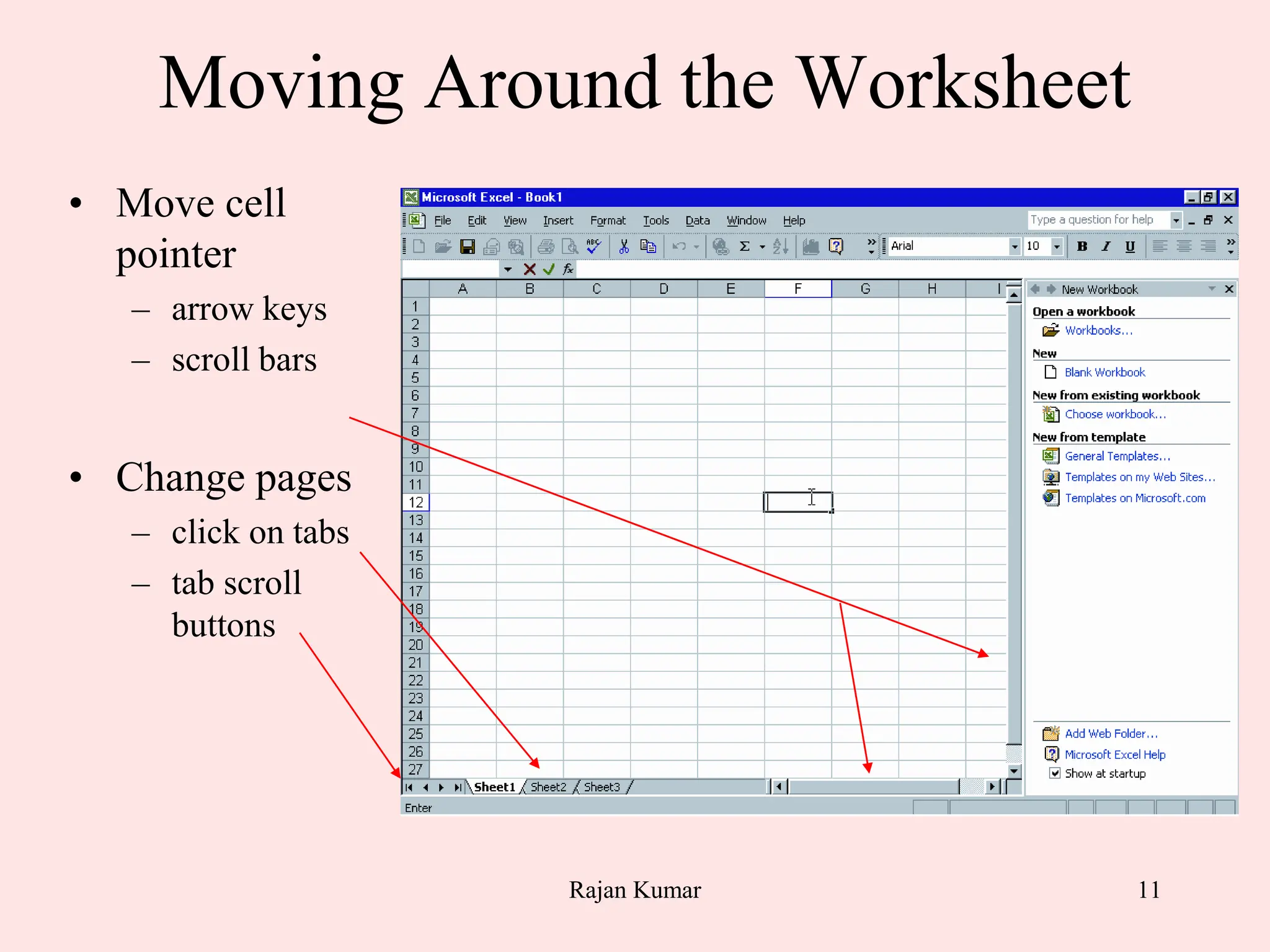 11
Moving Around the Worksheet
• Move cell
pointer
– arrow keys
– scroll bars
• Change pages
– click on tabs
– tab scroll
buttons
Rajan Kumar
 
