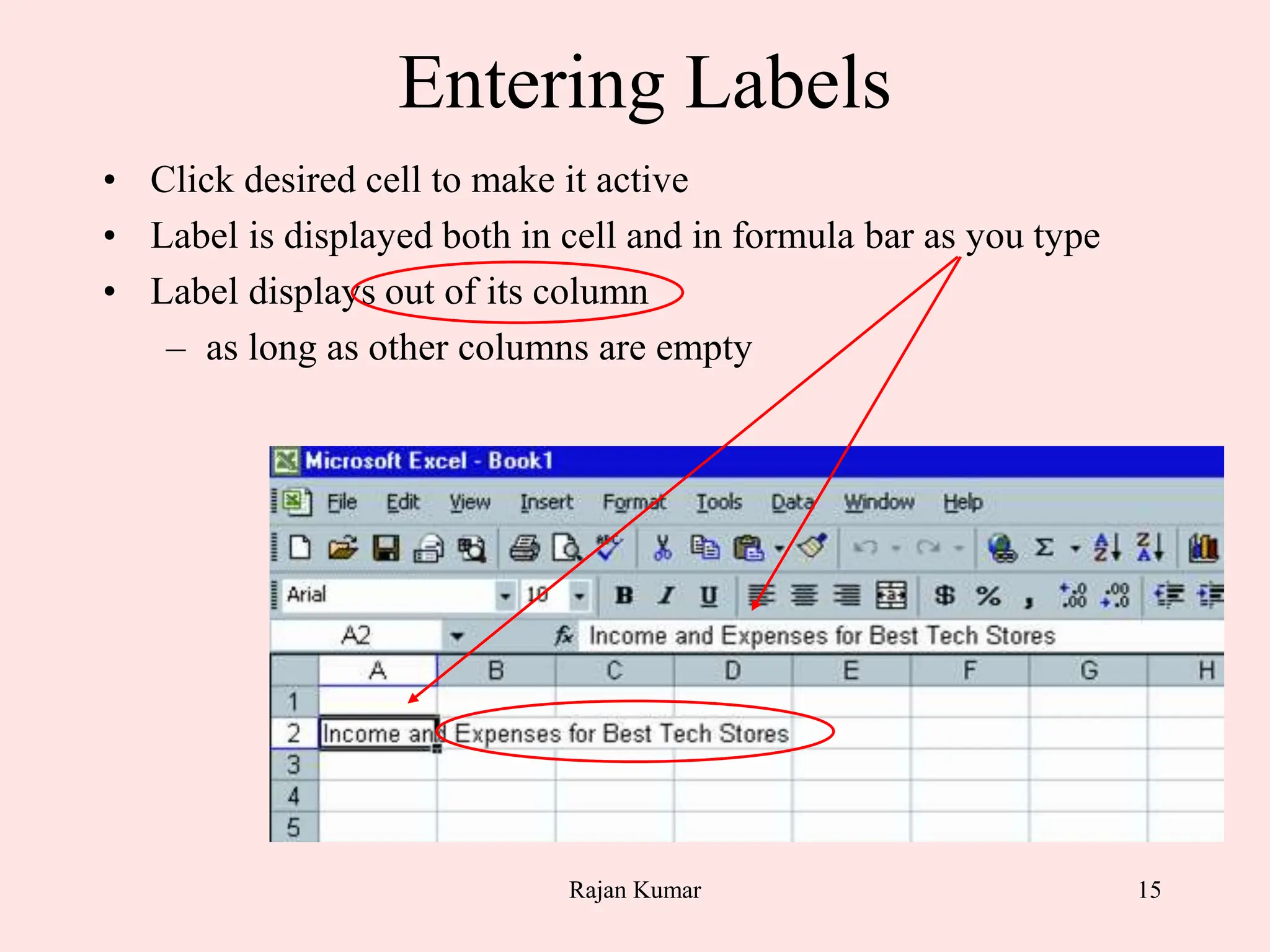 15
Entering Labels
• Click desired cell to make it active
• Label is displayed both in cell and in formula bar as you type
• Label displays out of its column
– as long as other columns are empty
Rajan Kumar
 