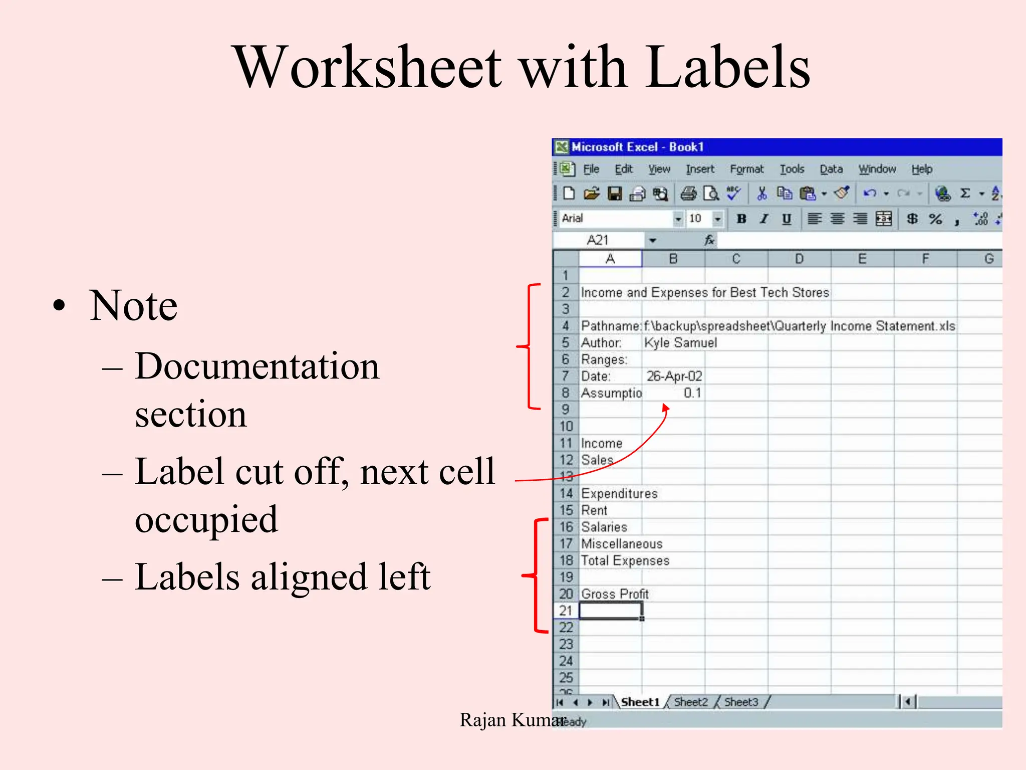 16
Worksheet with Labels
• Note
– Documentation
section
– Label cut off, next cell
occupied
– Labels aligned left
Rajan Kumar
 