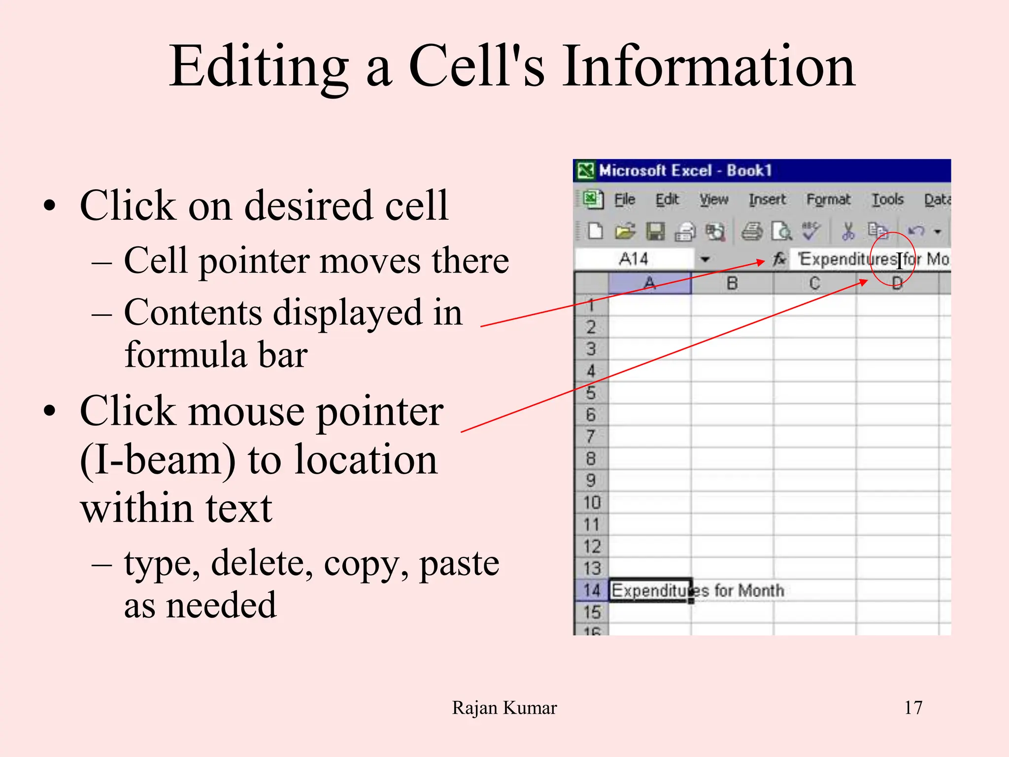 17
Editing a Cell's Information
• Click on desired cell
– Cell pointer moves there
– Contents displayed in
formula bar
• Click mouse pointer
(I-beam) to location
within text
– type, delete, copy, paste
as needed
I
Rajan Kumar
 