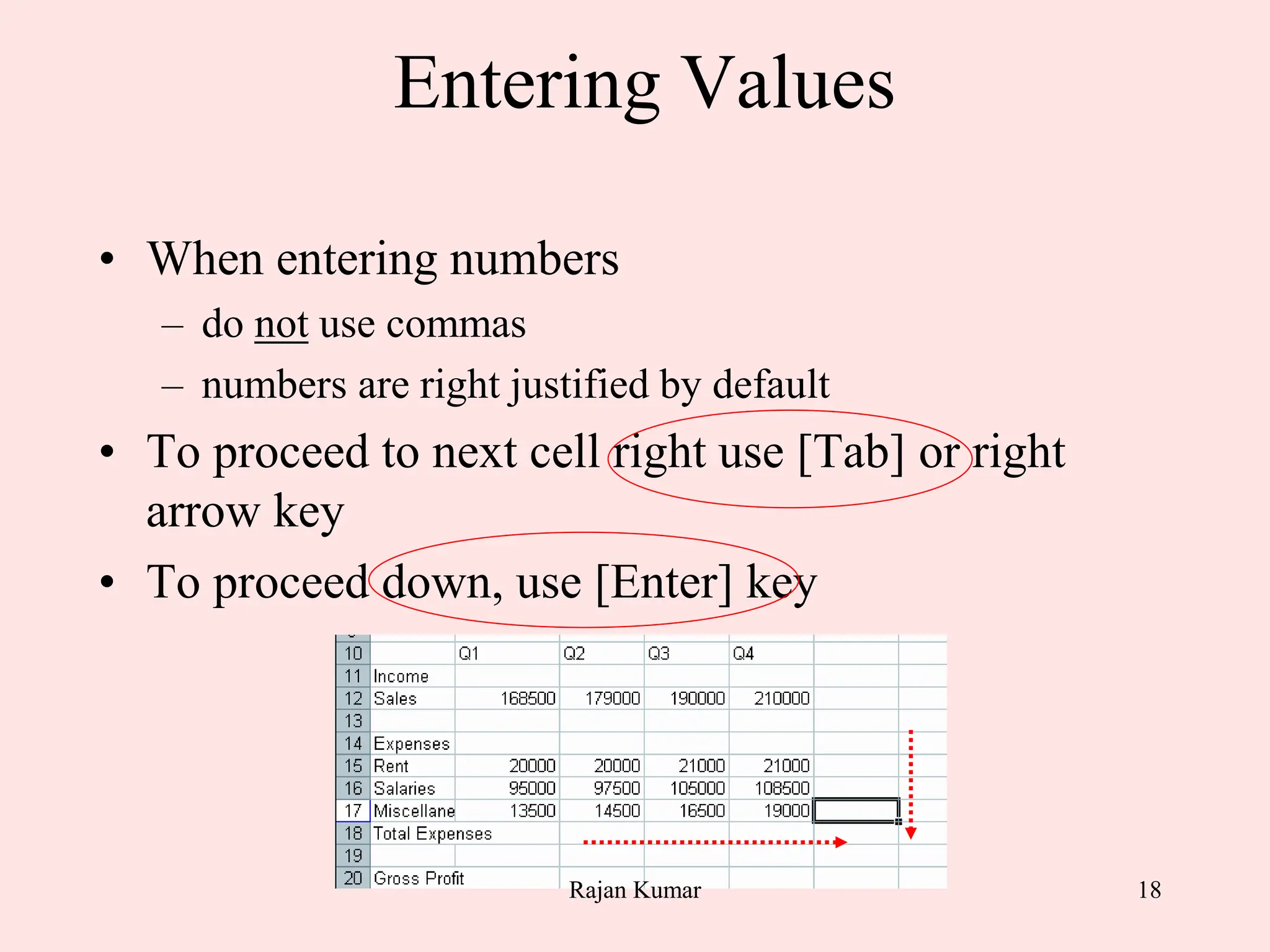 18
Entering Values
• When entering numbers
– do not use commas
– numbers are right justified by default
• To proceed to next cell right use [Tab] or right
arrow key
• To proceed down, use [Enter] key
Rajan Kumar
 