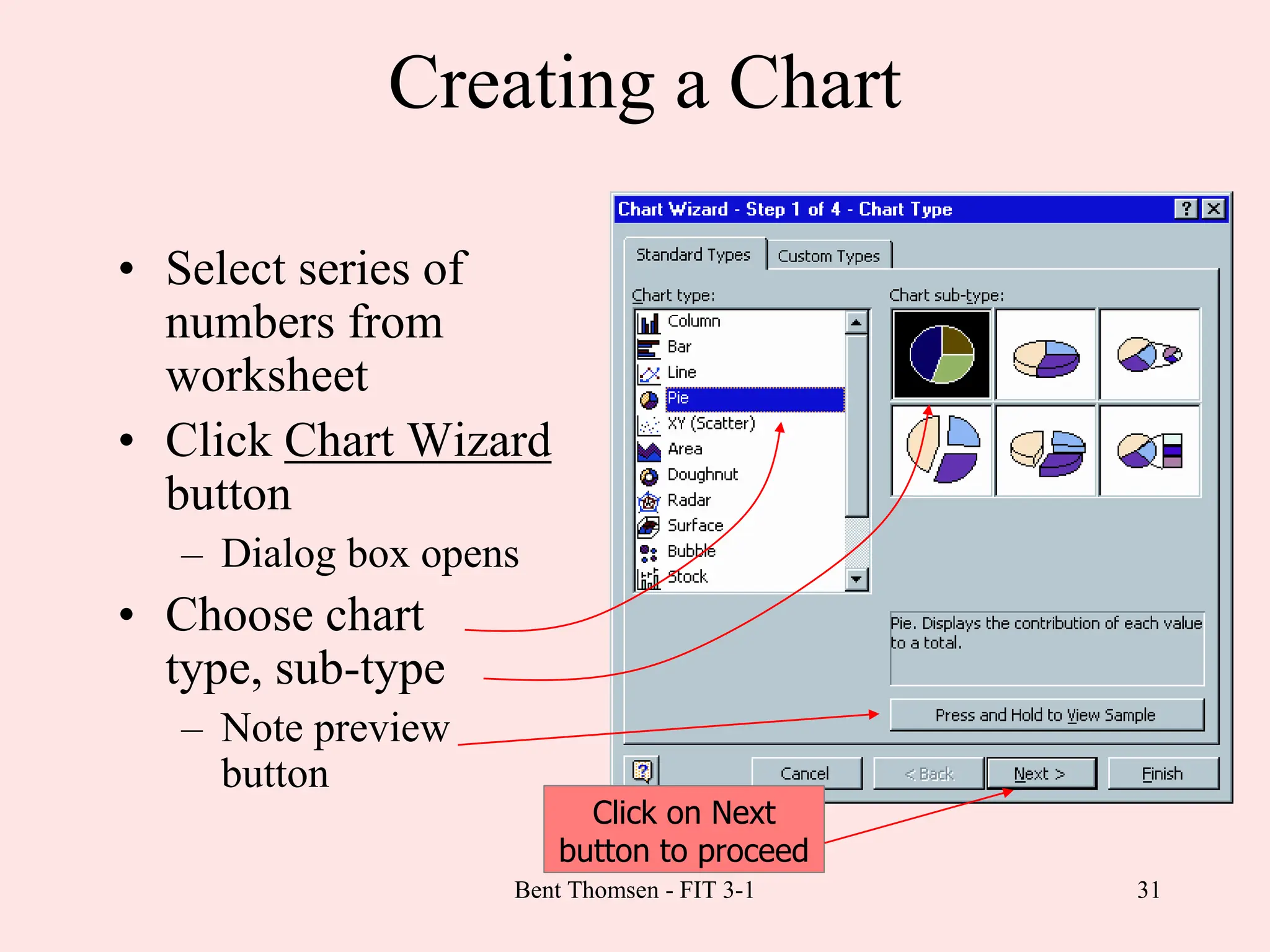 31
Creating a Chart
• Select series of
numbers from
worksheet
• Click Chart Wizard
button
– Dialog box opens
• Choose chart
type, sub-type
– Note preview
button
Click on Next
button to proceed
Bent Thomsen - FIT 3-1
 