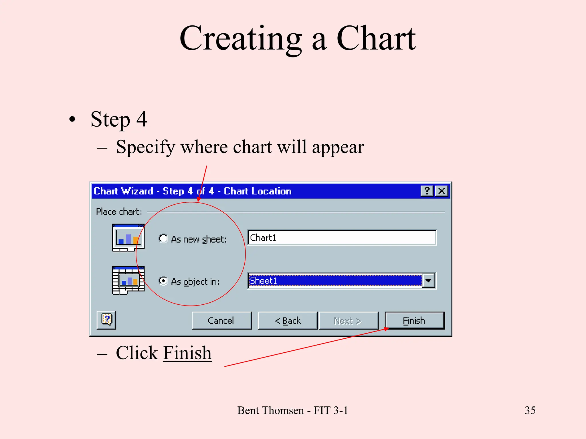 35
Creating a Chart
• Step 4
– Specify where chart will appear
– Click Finish
Bent Thomsen - FIT 3-1
 
