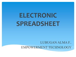 ELECTRONIC
SPREADSHEET
LUBUGAN ALMA F..
EMPOWERMENT TECHNOLOGY
 