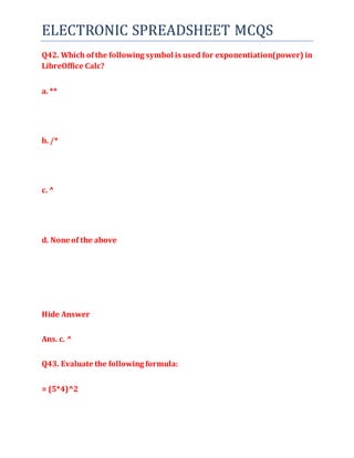 Electronic spreadsheet class 9 mcqs | DOCX