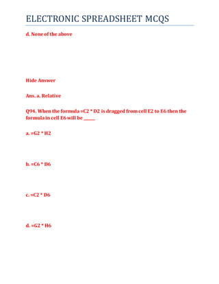 Electronic spreadsheet class 9 mcqs | DOCX