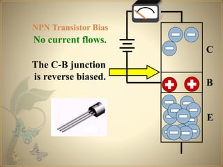 The C-B junction
is reverse biased.
N
P
N
NPN Transistor Bias
C
B
E
No current flows.
 