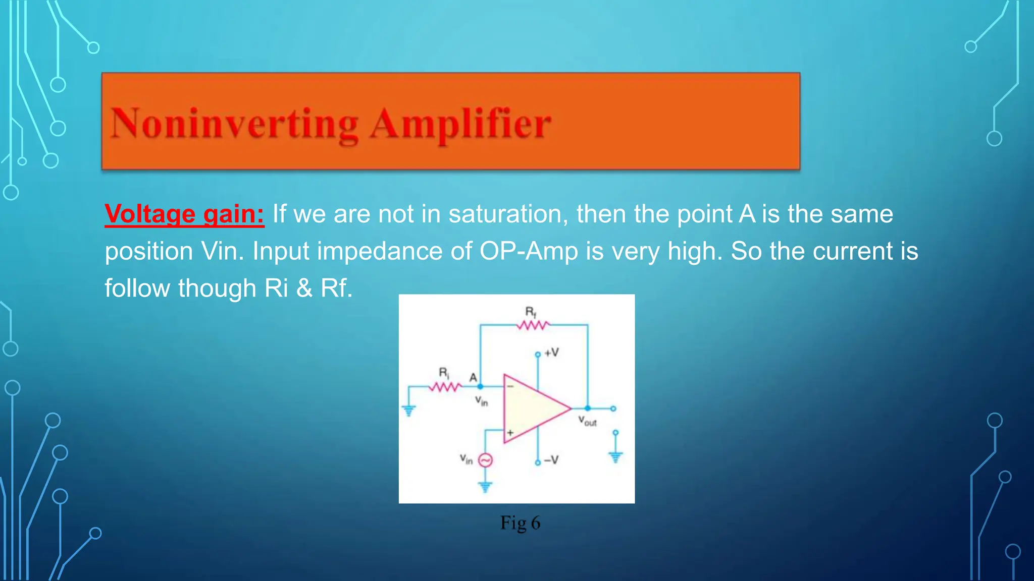Voltage gain: If we are not in saturation, then the point A is the same
position Vin. Input impedance of OP-Amp is very high. So the current is
follow though Ri & Rf.
 