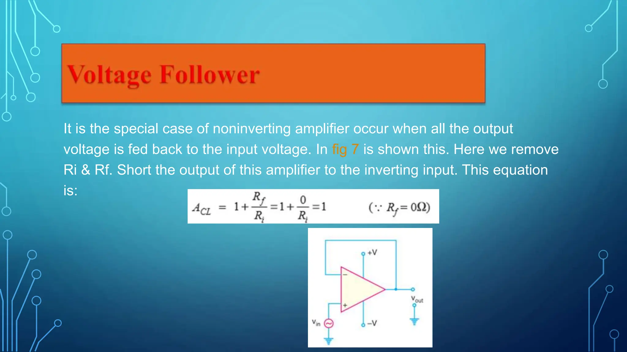 It is the special case of noninverting amplifier occur when all the output
voltage is fed back to the input voltage. In fig 7 is shown this. Here we remove
Ri & Rf. Short the output of this amplifier to the inverting input. This equation
is:
 