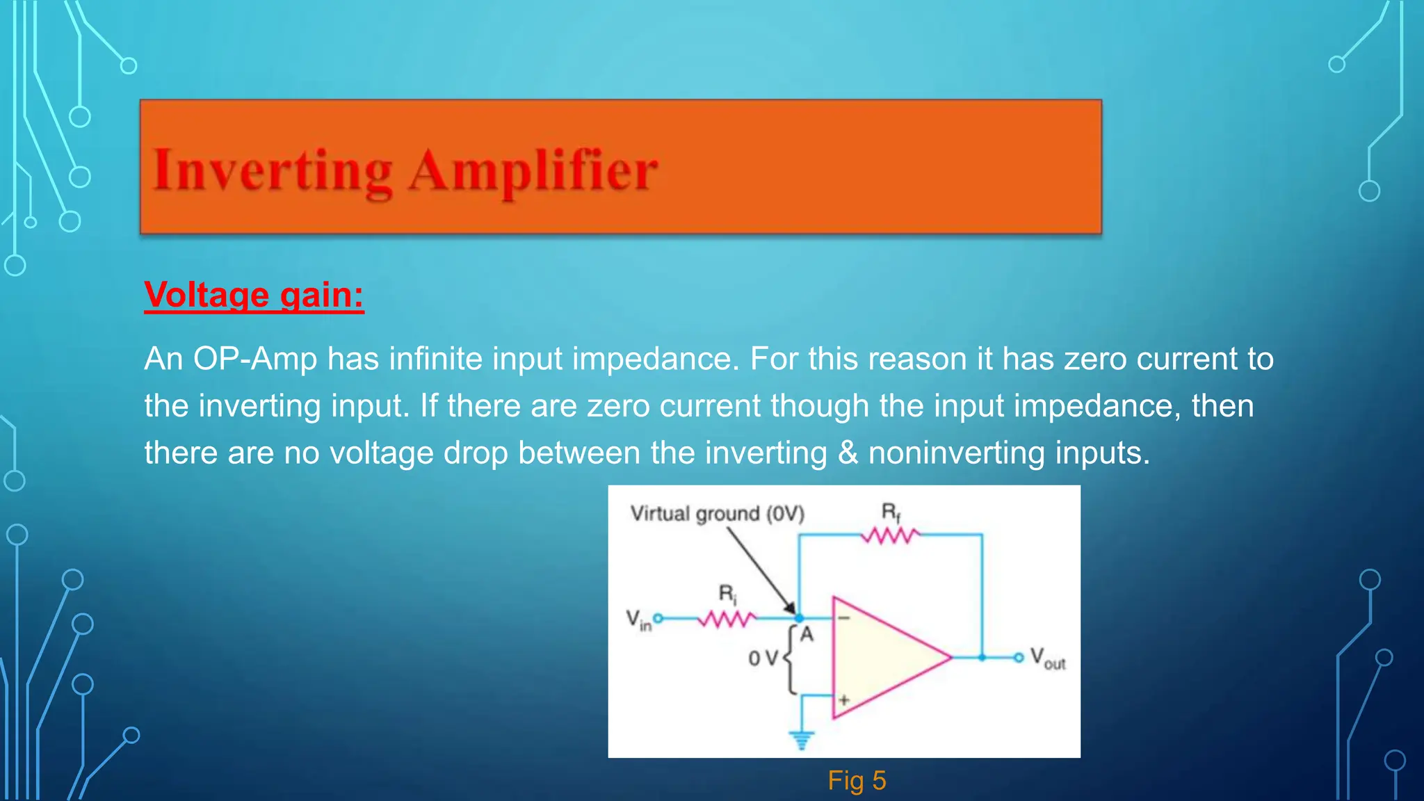 Voltage gain:
An OP-Amp has infinite input impedance. For this reason it has zero current to
the inverting input. If there are zero current though the input impedance, then
there are no voltage drop between the inverting & noninverting inputs.
Fig 5
 