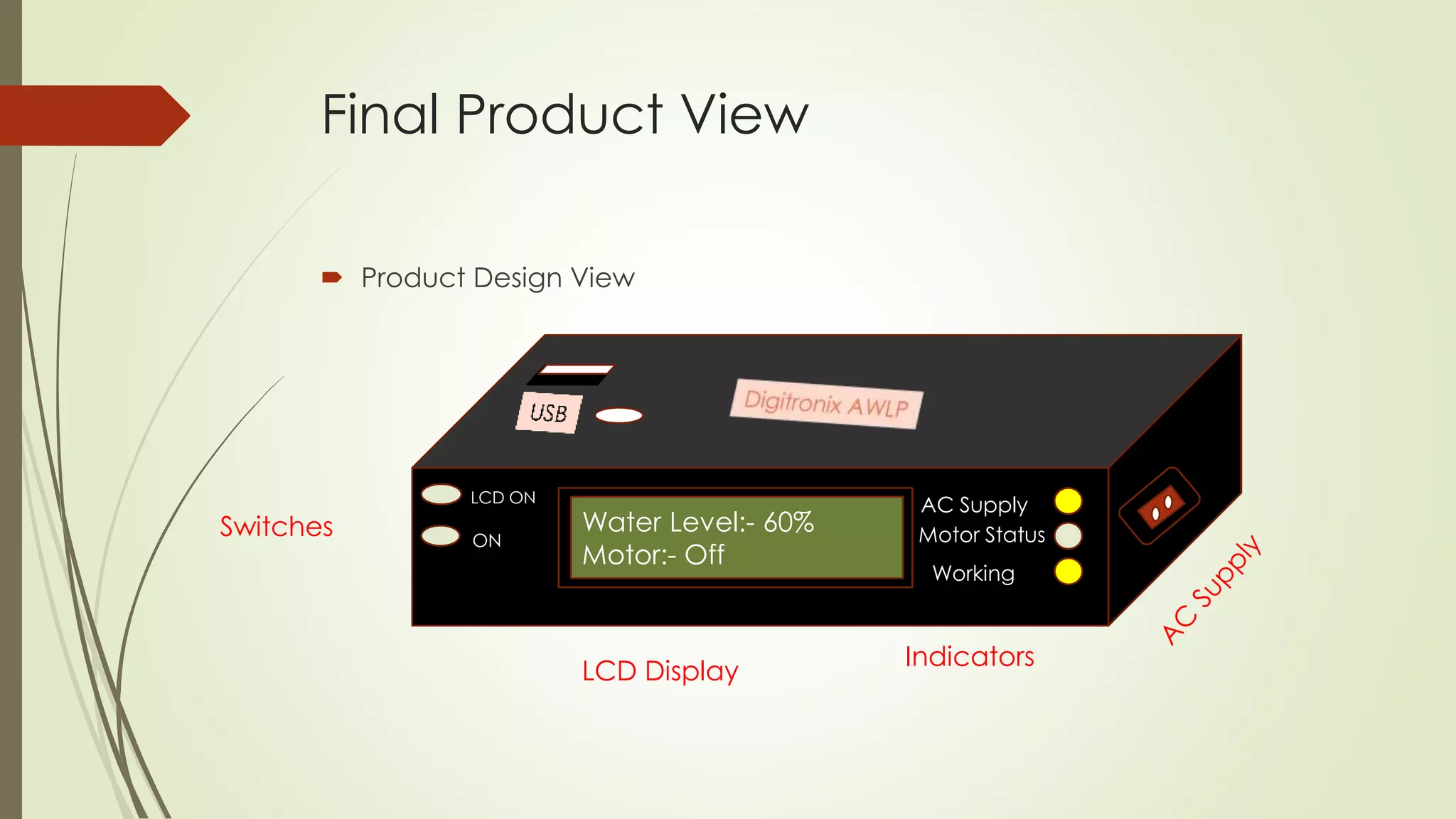 Final Product View 
 Product Design View 
Water Level:- 60% 
Motor:- Off 
AC Supply 
Motor Status 
Working 
LCD ON 
ON 
Switches 
Indicators 
LCD Display 
 