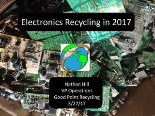 Electronics Recycling in 2017
Nathan Hill
VP Operations
Good Point Recycling
3/27/17
 