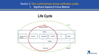 LIFE CYCLE
Control Influence
Atmospheric Emissions
Servicing
Extraction of raw Purchasing Manufacturing Distribution Use Disposal
Materials
Recycling
Liquid effluent Solid Waste
Life Cycle
Section 2- Non-conformances during certification audits
1. Significant Aspects & Focus Material
 