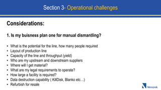 Considerations:
1. Is my buisness plan one for manual dismantling?
• What is the potential for the line, how many people required
• Layout of production line
• Capacity of the line and throughput (yield)
• Who are my upstream and downstream suppliers
• Where will I get material?
• What are my legal requirements to operate?
• How large a facility is required?
• Data destruction capability ( KillDisk, Blanko etc…)
• Refurbish for resale
Section 3- Operational challenges
 