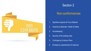 Section 2
Non-conformances
1. Significant aspects & Focus Material
2. Hazardous Materials / Health & Safety
3. Housekeeping
4. Security of the building/ data
5. Contingency & closure Plans
6. Emergency preparedness & response
 