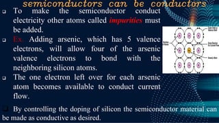 semiconductors can be conductors
❑ To make the semiconductor conduct
electricity other atoms called impurities must
be added.
❑ Ex. Adding arsenic, which has 5 valence
electrons, will allow four of the arsenic
valence electrons to bond with the
neighboring silicon atoms.
❑ The one electron left over for each arsenic
atom becomes available to conduct current
flow.
❑ By controlling the doping of silicon the semiconductor material can
be made as conductive as desired.
 