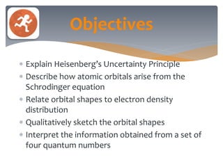  Explain Heisenberg’s Uncertainty Principle
 Describe how atomic orbitals arise from the
Schrodinger equation
 Relate orbital shapes to electron density
distribution
 Qualitatively sketch the orbital shapes
 Interpret the information obtained from a set of
four quantum numbers
Objectives
 