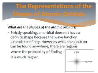 What are the shapes of the atomic orbitals?
• Strictly speaking, an orbital does not have a
definite shape because the wave function
extends to infinity. However, while the electron
can be found anywhere, there are regions
where the probability of finding
it is much higher.
The Representations of the
Shapes of Atomic Orbitals
 