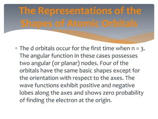 The d orbitals occur for the first time when n = 3.
The angular function in these cases possesses
two angular (or planar) nodes. Four of the
orbitals have the same basic shapes except for
the orientation with respect to the axes. The
wave functions exhibit positive and negative
lobes along the axes and shows zero probability
of finding the electron at the origin.
The Representations of the
Shapes of Atomic Orbitals
 