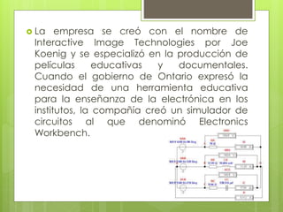 La empresa se creó con el nombre de
Interactive Image Technologies por Joe
Koenig y se especializó en la producción de
películas educativas y documentales.
Cuando el gobierno de Ontario expresó la
necesidad de una herramienta educativa
para la enseñanza de la electrónica en los
institutos, la compañía creó un simulador de
circuitos al que denominó Electronics
Workbench.