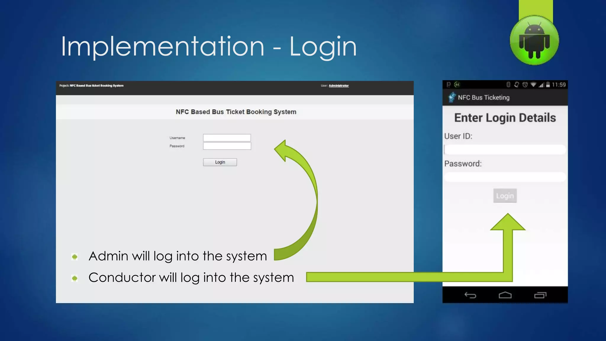 Implementation - Login
Admin will log into the system
Conductor will log into the system