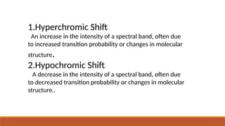 1.Hyperchromic Shift:
An increase in the intensity of a spectral band, often due
to increased transition probability or changes in molecular
structure.
2.Hypochromic Shift:
A decrease in the intensity of a spectral band, often due
to decreased transition probability or changes in molecular
structure..
 