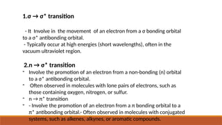 1.σ → σ* transition
- It Involve in the movement of an electron from a σ bonding orbital
to a σ* antibonding orbital.
- Typically occur at high energies (short wavelengths), often in the
vacuum ultraviolet region.
2.n → σ* transition
- Involve the promotion of an electron from a non-bonding (n) orbital
to a σ* antibonding orbital.
- Often observed in molecules with lone pairs of electrons, such as
those containing oxygen, nitrogen, or sulfur.
- n → π* transition
- - Involve the promotion of an electron from a π bonding orbital to a
π* antibonding orbital.- Often observed in molecules with conjugated
systems, such as alkenes, alkynes, or aromatic compounds.
 