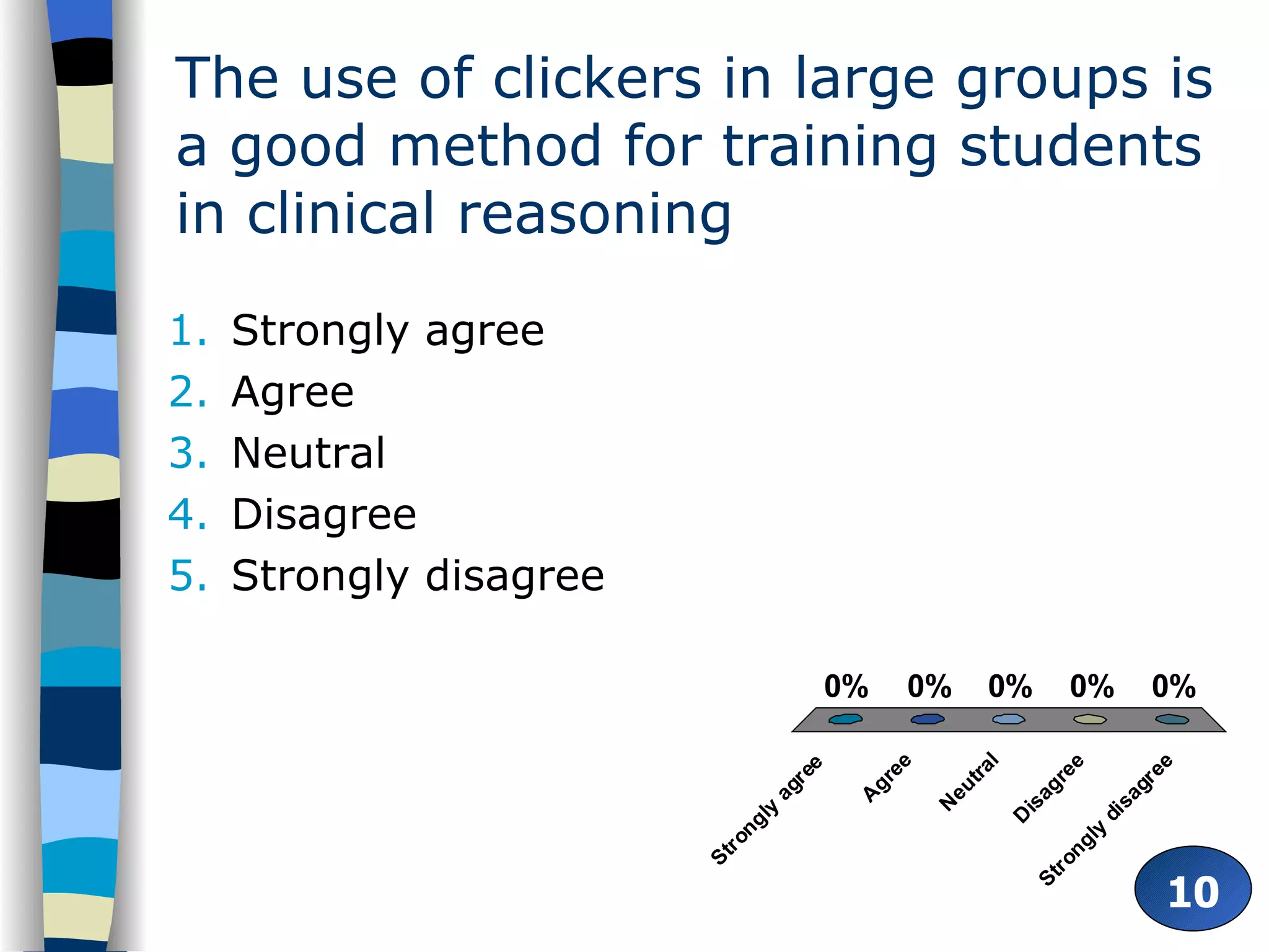The use of clickers in large groups is a good method for training students in clinical reasoning Strongly agree Agree Neutral Disagree Strongly disagree 10 