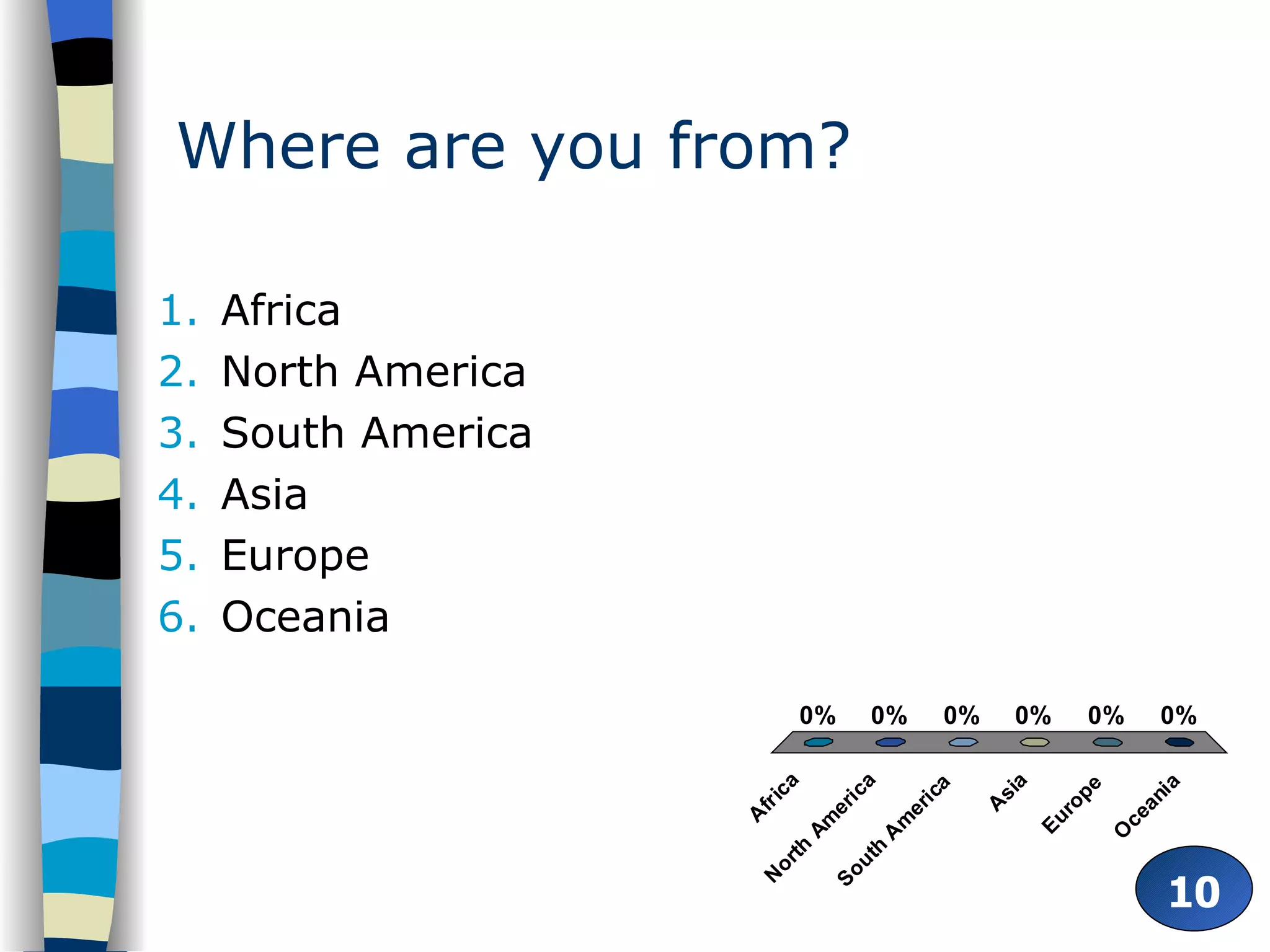 Where are you from? Africa North America South America Asia Europe Oceania 10 