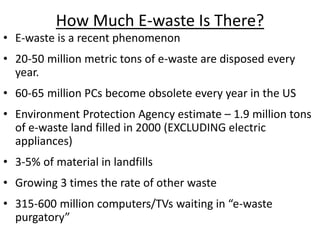 How Much E-waste Is There?
• E-waste is a recent phenomenon
• 20-50 million metric tons of e-waste are disposed every
year.
• 60-65 million PCs become obsolete every year in the US
• Environment Protection Agency estimate – 1.9 million tons
of e-waste land filled in 2000 (EXCLUDING electric
appliances)
• 3-5% of material in landfills
• Growing 3 times the rate of other waste
• 315-600 million computers/TVs waiting in “e-waste
purgatory”
 