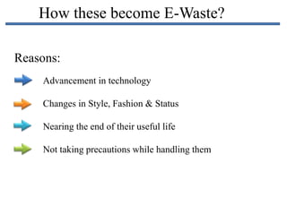 How these become E-Waste?
Reasons:
Advancement in technology
Changes in Style, Fashion & Status
Nearing the end of their useful life
Not taking precautions while handling them
 