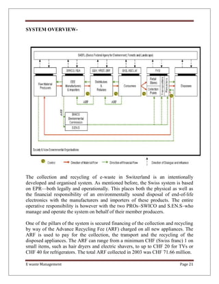 E waste Management Page 21
SYSTEM OVERVIEW-
The collection and recycling of e-waste in Switzerland is an intentionally
developed and organised system. As mentioned before, the Swiss system is based
on EPR—both legally and operationally. This places both the physical as well as
the financial responsibility of an environmentally sound disposal of end-of-life
electronics with the manufacturers and importers of these products. The entire
operative responsibility is however with the two PROs–SWICO and S.EN.S–who
manage and operate the system on behalf of their member producers.
One of the pillars of the system is secured financing of the collection and recycling
by way of the Advance Recycling Fee (ARF) charged on all new appliances. The
ARF is used to pay for the collection, the transport and the recycling of the
disposed appliances. The ARF can range from a minimum CHF (Swiss franc) 1 on
small items, such as hair dryers and electric shavers, to up to CHF 20 for TVs or
CHF 40 for refrigerators. The total ARF collected in 2003 was CHF 71.66 million.
 