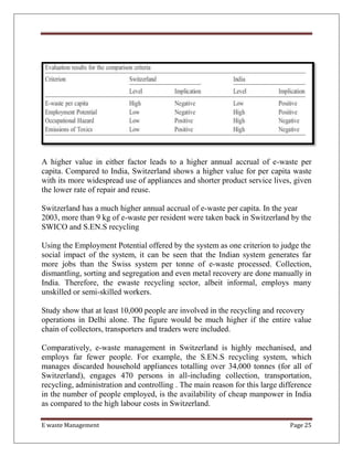E waste Management Page 25
A higher value in either factor leads to a higher annual accrual of e-waste per
capita. Compared to India, Switzerland shows a higher value for per capita waste
with its more widespread use of appliances and shorter product service lives, given
the lower rate of repair and reuse.
Switzerland has a much higher annual accrual of e-waste per capita. In the year
2003, more than 9 kg of e-waste per resident were taken back in Switzerland by the
SWICO and S.EN.S recycling
Using the Employment Potential offered by the system as one criterion to judge the
social impact of the system, it can be seen that the Indian system generates far
more jobs than the Swiss system per tonne of e-waste processed. Collection,
dismantling, sorting and segregation and even metal recovery are done manually in
India. Therefore, the ewaste recycling sector, albeit informal, employs many
unskilled or semi-skilled workers.
Study show that at least 10,000 people are involved in the recycling and recovery
operations in Delhi alone. The figure would be much higher if the entire value
chain of collectors, transporters and traders were included.
Comparatively, e-waste management in Switzerland is highly mechanised, and
employs far fewer people. For example, the S.EN.S recycling system, which
manages discarded household appliances totalling over 34,000 tonnes (for all of
Switzerland), engages 470 persons in all-including collection, transportation,
recycling, administration and controlling . The main reason for this large difference
in the number of people employed, is the availability of cheap manpower in India
as compared to the high labour costs in Switzerland.
 