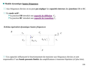 100
 Modèle dynamique hautes fréquences
 Aux fréquences élevées on ne peut pas négliger les capacités internes des jonctions EB et BC.
 En mode actif :
 la jonction EB introduit une capacité de diffusion Cd
 la jonction BC introduit une capacité de transition Ct .
Schéma équivalent dynamique hautes fréquences
iB’
hFE rse
hfe iB’
iC
ro
Ct
Cd
 Ces capacités influencent le fonctionnement du transistor aux fréquences élevées et sont
responsable d ’une bande passante limitée des amplificateurs à transistor bipolaire (cf plus loin).
B
C
E
rce
 