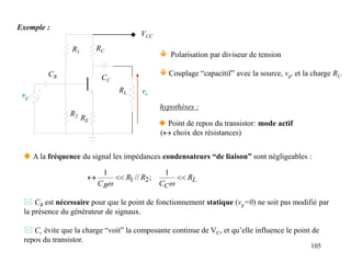 105
R1
R2 RE
RC
CB
vs
vg
VCC
CC
RL
Exemple :
 A la fréquence du signal les impédances condensateurs “de liaison” sont négligeables :
L
C
B
R
C
R
R
C





1
;
//
1
2
1
hypothèses :
 Point de repos du transistor: mode actif
( choix des résistances)
 CB est nécessaire pour que le point de fonctionnement statique (vg=0) ne soit pas modifié par
la présence du générateur de signaux.
 Cc évite que la charge “voit” la composante continue de VC, et qu’elle influence le point de
repos du transistor.
 Polarisation par diviseur de tension
 Couplage “capacitif” avec la source, vg, et la charge RL.
 