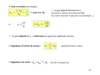 113
 Gain en tension (sur charge):
f
c
ie
fe
c
v
r
r
h
h
r
A L




 >> gain avec RE
 le gain dépend fortement de rf
(résistance interne de la fonction BE)
(la contre-réaction n’agit plus en dynamique…)
ie
b
e
e h
i
v
Z 

 Impédance d’entrée de la base : significativement réduit...
or
C
f
I
kT
r 
kT
I
r
A C
c
vL



 Le gain dépend de IC  distorsion du signal aux amplitudes élevées
 Impédance de sortie : c
oe
s R
h
Z //
1

 (vue de la charge RL)
 
